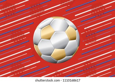 Football Silver and Gold Ball in Front of Repeating Lines Blank Rectangle Template - Blue Golden Silver and White on Red Soccer Ball Texture Background - Vector Graphic Design