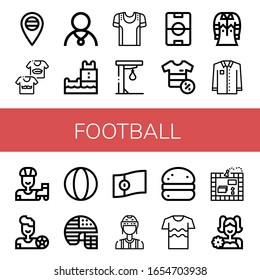 football simple icons set. Contains such icons as Russia, Shirts, Athlete, Belem tower, Sport shirt, Punching ball, Football field, Shirt, can be used for web, mobile and logo