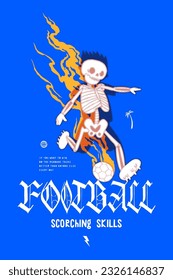 Football skeleton on fire. Cool skeleton running with soccer ball. Vintage typography silkscreen t-shirt print vector illustration.