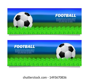 football soccer 3D realistic ball illustration banner template with green grass field for sport tournament event