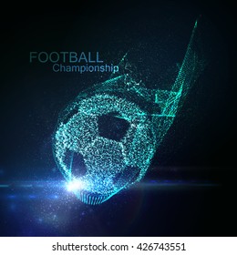 Football or Soccer abstract illuminated ball. Vector sport illustration of flying Soccer Ball made of glowing particles. Abstract 3D neon sport sign