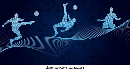 Líneas abstractas de fútbol o fútbol con diseño de olas. Concepto deportivo creativo. Gráfica vectorial de arte para folletos, volantes, presentaciones, logotipo, impresión, sitio web, afiche, banner, plantillas, fondo, medios.