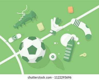 Football / Soccer Background With Ball, Bottle, Referee Cards, Boots On Green Field.