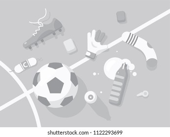 Football / Soccer Background With Ball, Bottle, Referee Cards, Boots On Gray Field.