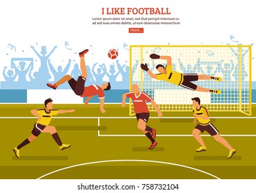 Football soccer background with editable text more button and football field with players and fans silhouettes vector illustration