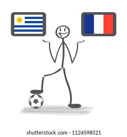 Football - soccer background happy man keep flag, vector stackman uruguay vs france quarter final 1/4 .