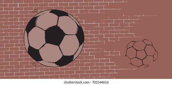 Football / soccer ball bouncing back after hitting a wall leaving a ball mark - illustration drawing outlines standalone elements 
