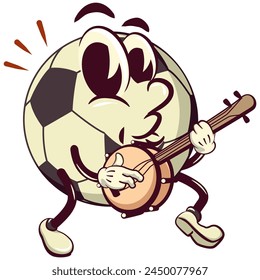 football soccer ball cartoon vector isolated clip art illustration mascot playing a banjo musical instrument, vector work of hand drawn