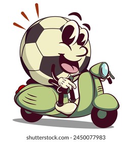 football soccer ball cartoon vector isolated clip art illustration mascot riding a scooter, vector work of hand drawn
