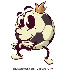 Vector de dibujos animados de balón de fútbol Clip aislado ilustración de arte mascota con una corona de rey doblando sus brazos con calma, trabajo de Vector de mano dibujado