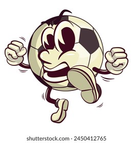 football soccer ball cartoon vector isolated clip art illustration mascot enthusiastically jumping and kicking, vector work of hand drawn