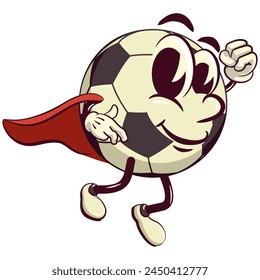 football soccer ball cartoon vector isolated clip art illustration mascot being superhero with a cape, vector work of hand drawn