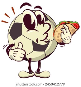 football soccer ball cartoon vector isolated clip art illustration mascot carrying a taco while giving a thumbs up, vector work of hand drawn