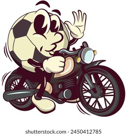 football soccer ball cartoon vector isolated clip art illustration mascot riding a big motorcycle, vector work of hand drawn