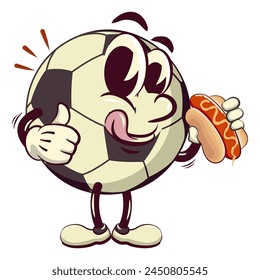 Fußball-Ball-Cartoon-Vektorgrafik isolierte Clip-Kunst-Illustration Maskottchen mit einem Hotdog während ein Daumen hoch, Vektorgrafik Arbeit von Hand gezeichnet