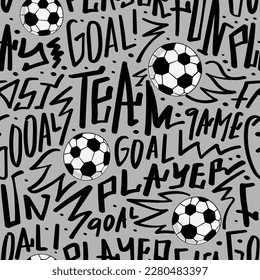 Football soccer ball drawing, goal text. Seamless pattern repeating texture background. Vector illustration design.