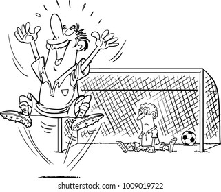 Football, soccer ball flies into the goal, vector illustration