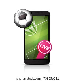 Football soccer ball flying from smartphone screen. 