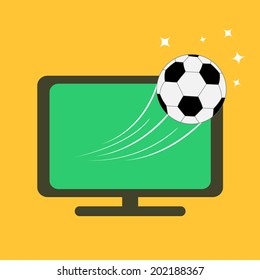 Football soccer ball flying from TV set. Orange background. Flat design style. Vector illustration