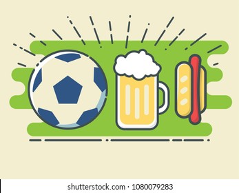 Football / Soccer Ball, Glass of Beer and Hot Dog On Stylized Green Field. Line Art Style Vector Illustration