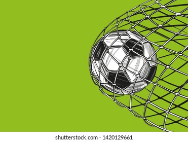 football, soccer ball, goal came in the gate, win, sports game, emblem sign, hand drawn vector illustration sketch