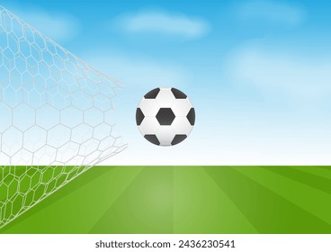 Football or Soccer Ball in Goal. Football Championship. Soccer Banner Template for Poster. Vector Illustration. 