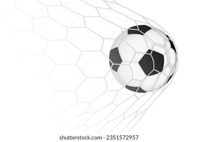 Football or soccer ball in goal net, illustration of goal moment in match. Vector illustration.