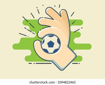 Football / Soccer Ball In Hand On Stylized Green Field. Line Art Style Vector Illustration