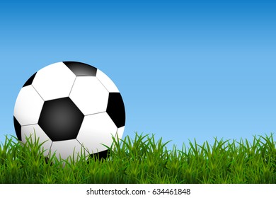 Football, soccer Ball Isolated on Grass field ad blue Background with Space for Your Text. Vector Illustration