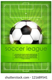 Football (soccer) ball on green field background and text, vector illustration