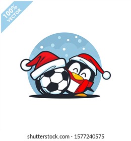 Football soccer ball santa hat with cartoon christmas penguin logo vector
