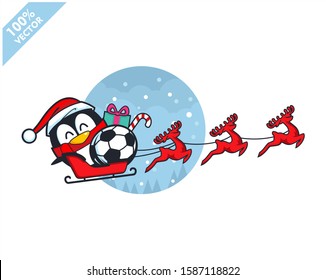 Football soccer ball santa hat with cartoon christmas penguin logo vector	