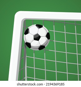 Football Soccer Ball Scoring Goal Incorner Of Net Goalposts On Field Flat Vector Illustration. Isolated Sport Gear Icon Element On Green Background