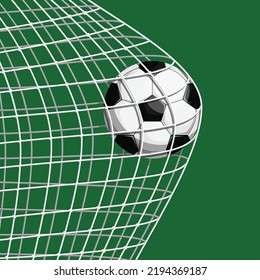 Football soccer ball scoring goal in net goalposts on field flat vector illustration. Isolated sport gear icon element on green background