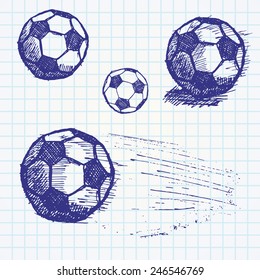 Football soccer ball sketch set on paper notebook.
