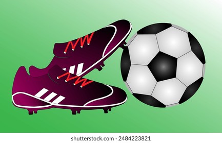 Football. Soccer ball and sneakers. On a green and white background. Vector Illustration EPS10.