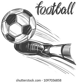 football, soccer ball, sports game, calligraphic text, emblem sign, hand drawn vector illustration sketch