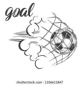 football, soccer ball, sports game, calligraphic text, emblem sign hand drawn vector illustration sketch.