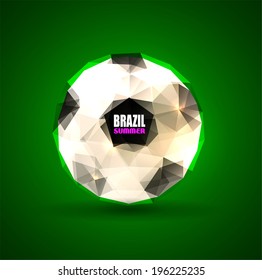 Football (soccer) ball in triangular style against green background. Summer event in Brazil.