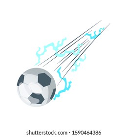 Football or soccer balls with motion trails in black and white for sporting emblems, logo design. Collection of soccer balls with curved color motion trails vector illustrations