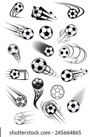 Football or soccer balls with motion trails in black and white for sporting emblems, logo and mascot design