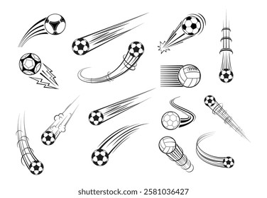 Football or soccer balls with motion trails in black and white for sporting emblems, logo and mascot design