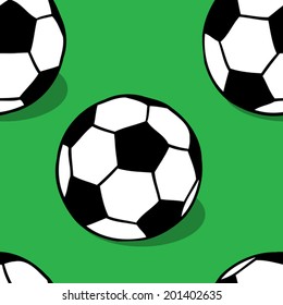 Football (soccer) balls seamless pattern with green field.
