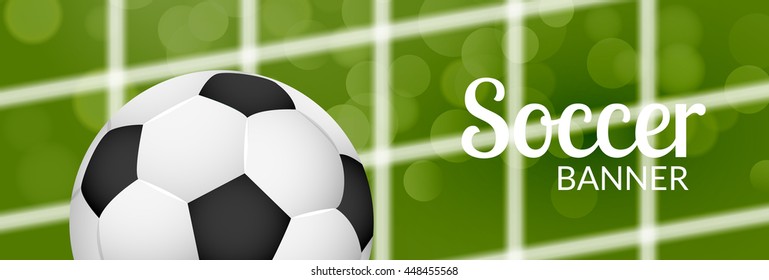 Football soccer banner design template with ball net. Blurred grass. Football or soccer sport poster.