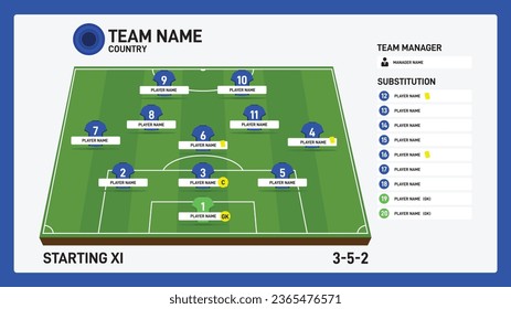 Football or soccer blue team match starting lineups formation 352 and soccer field infographic. Set of football player positions. Football kit with soccer jersey in flat design. Vector Illustration