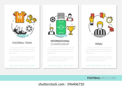 Football Soccer Business Brochure. Linear Thin Line Vector Icons Set with Ball and Sport Elements