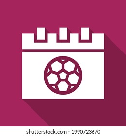 Football or Soccer Calendar Vector Icon in Solid Long Shadow Style. A calendar with Soccer Ball, symbol of the Event or Competition. Vector illustration Icon Can be Used for an App, Website, or logo.