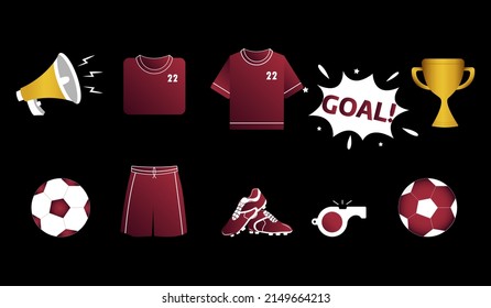 Football and soccer championship attributes. T-shirt, shorts, ball, boots, whistle, cup, megaphone. Vector stock illustration.