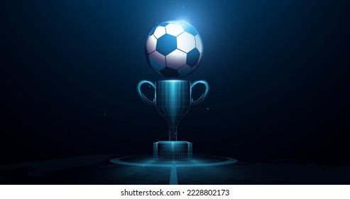 Football, Soccer with Championship Trophy. Trophy forms lines and triangles, point connecting network on blue background. Illustration vector