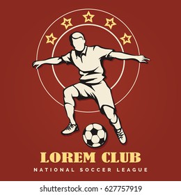 Football or soccer club emblem. Soccer player with ball drawn in retro style against star background. Vector illustration.